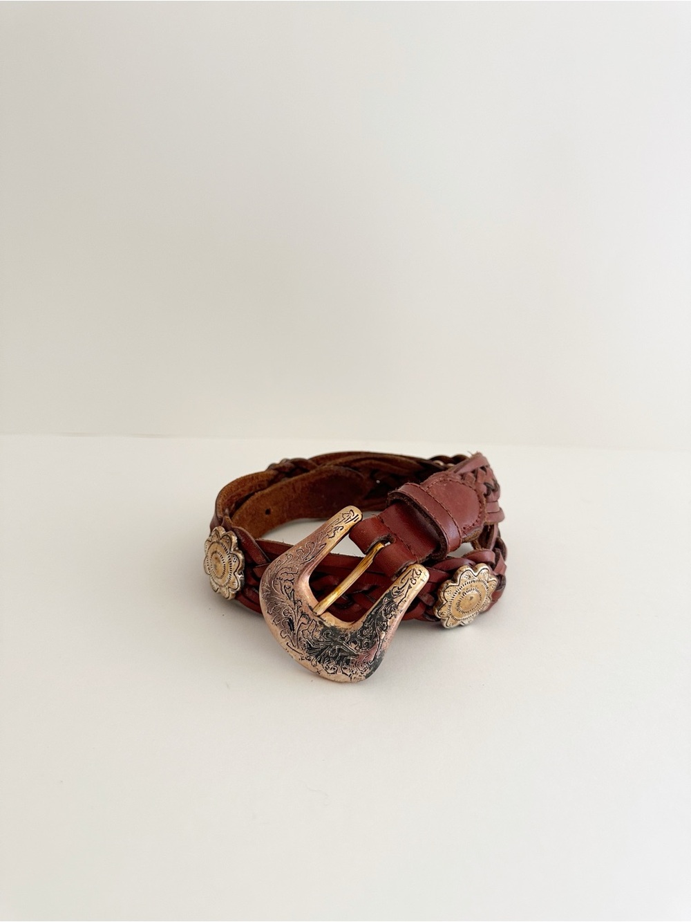 Fossil vintage brown leather braided western style silver accent belt